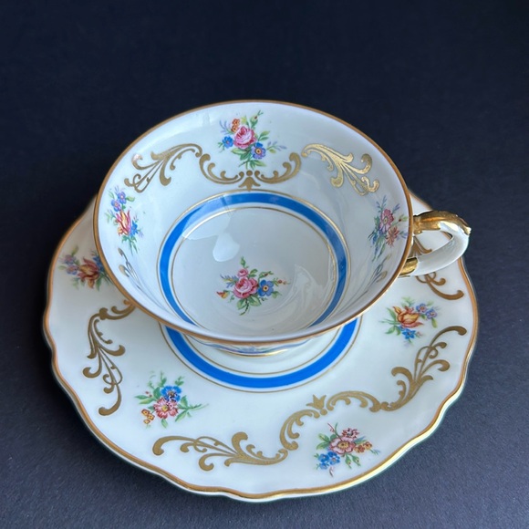 K&A Krautheim Bavaria Germany DEMITASSE Tea Cup & Saucer Floral Scrolls Blue Rim - Picture 2 of 10